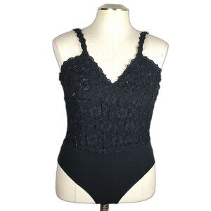 NWOT Corinna VTG Lace Sequins Beaded Black Stretch Bodysuit Size Large